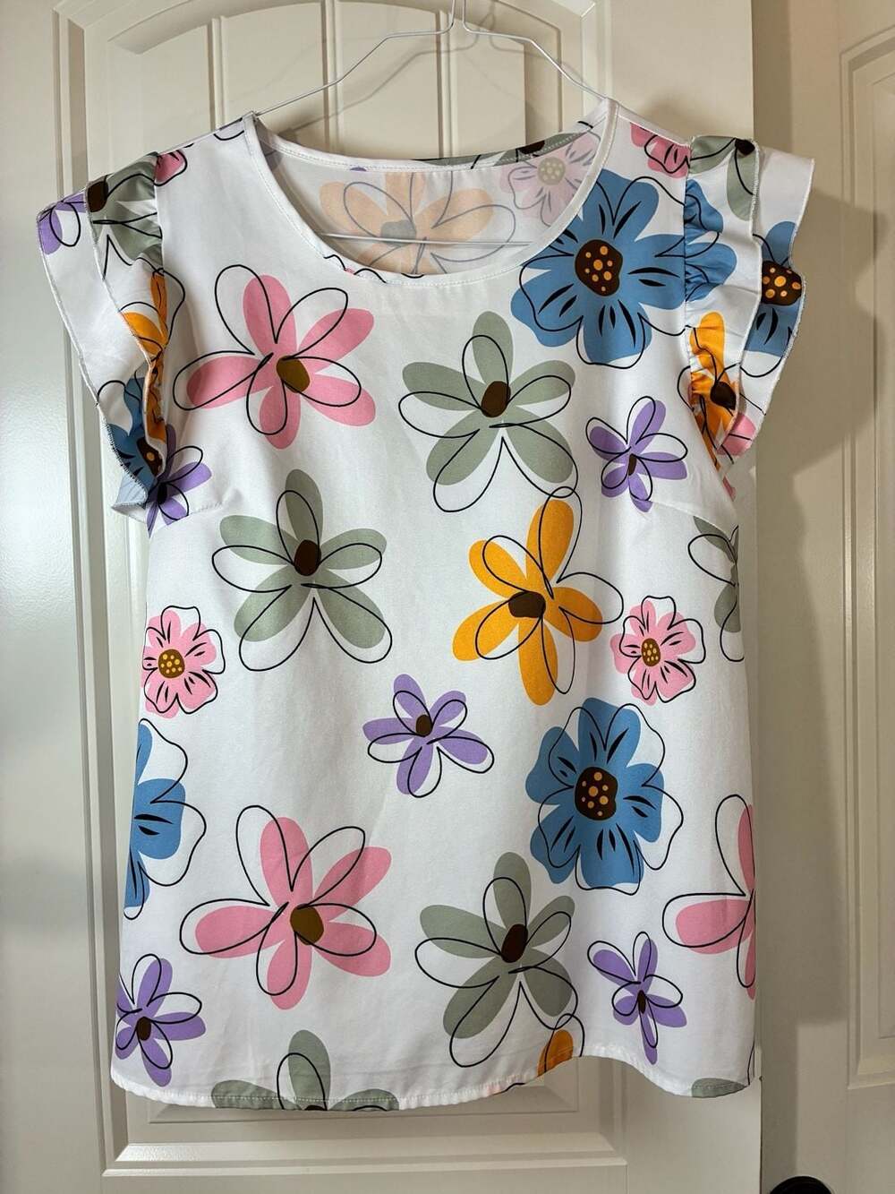 Casual Round Neck Short Sleeve Floral Print Ruffle Top White, Size L